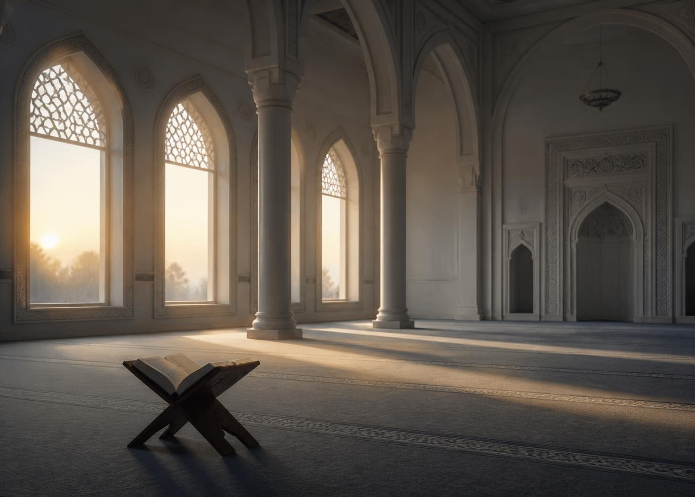 An empty prayer hall at dawn, first light falling across the carpet beside an open Qur'an on a wooden stand